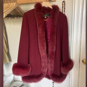 Vintage Fur Coat Burgundy Red Fox Trimmed Jacket Fur Cuffs Lily & Taylor